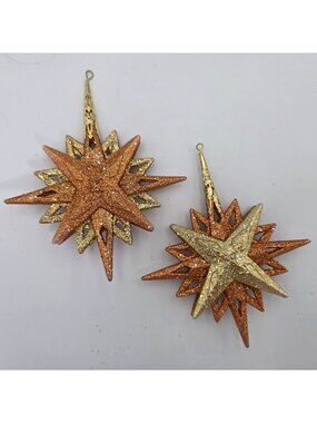 Glittery Gold & Copper Starburst Christmas Ornaments Set Of 2 Hanging Decoration